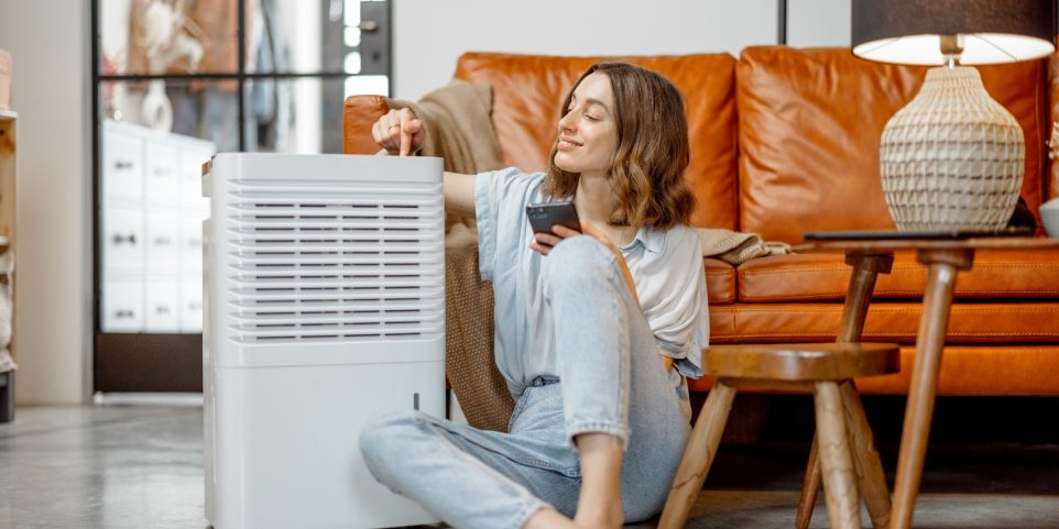 Woman Sitting near Air Purifier and Moisturizer Appliance