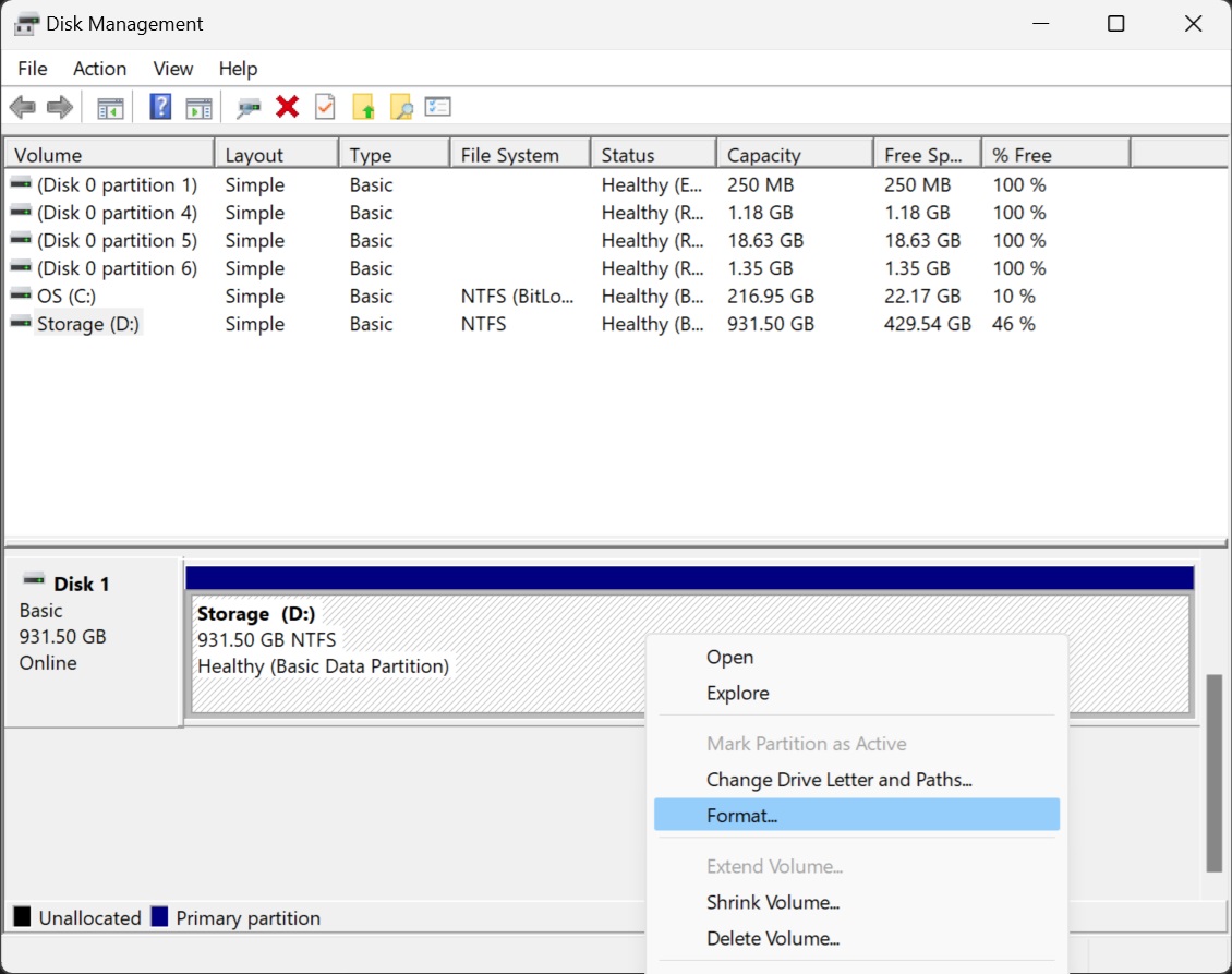 disk management format