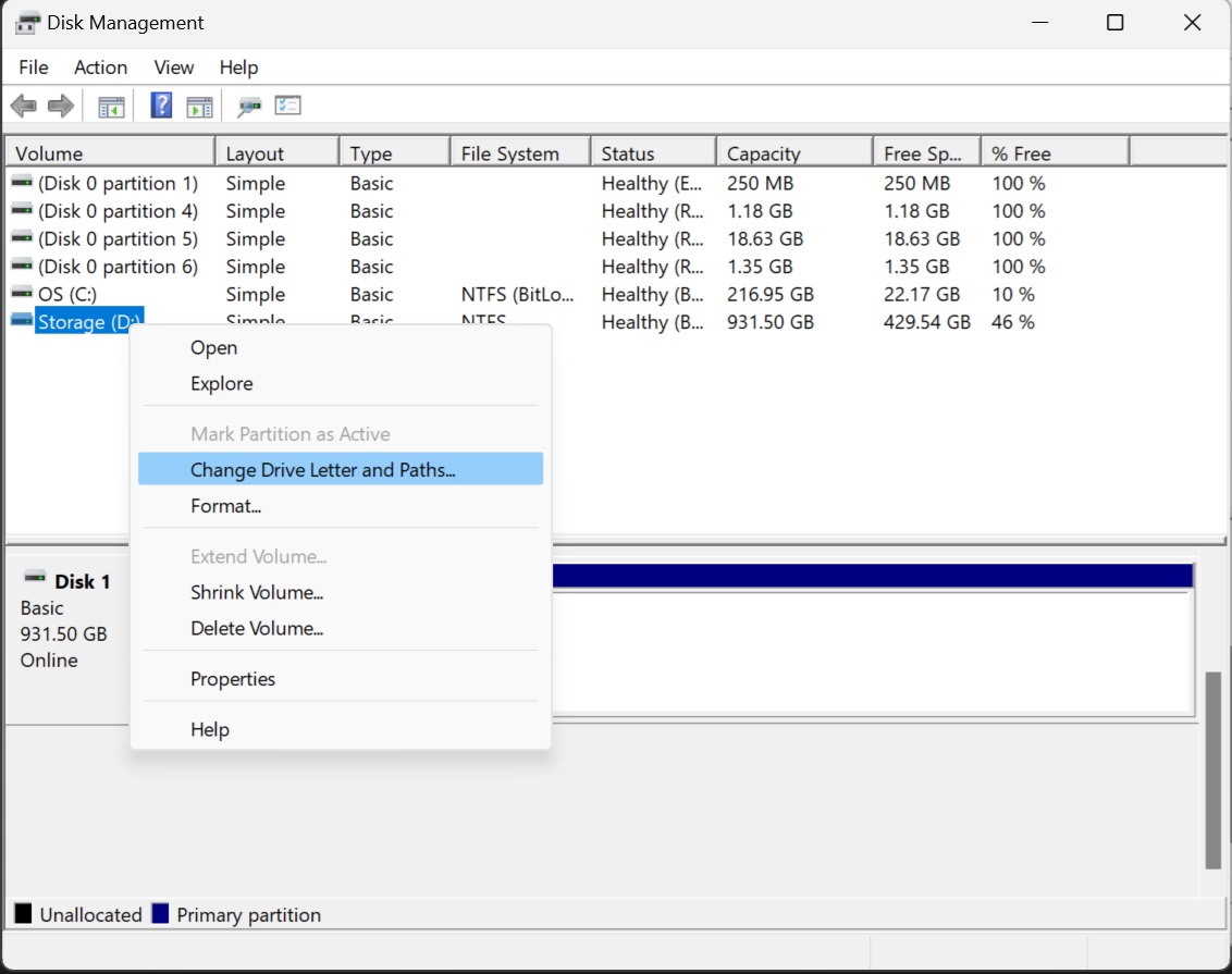 change drive letter disk management