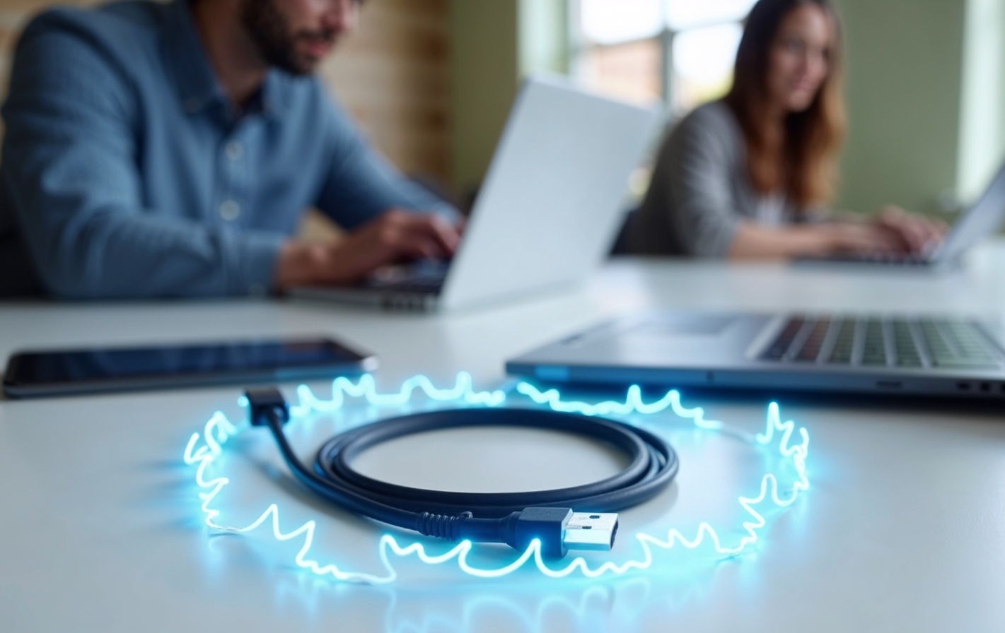 A fast charging cord lies next to a smartphone on a table, while a man and woman work on laptops in the blurred background.